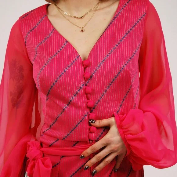 70s Palazzo Jumpsuit (XS) vintage pink alfred shaheen wide leg bishop sleeve 60s